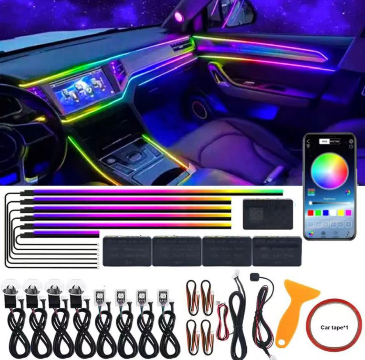 Kit Lumini Ambientale Auto C-LED RGB 18 Piese Fibra Optica Control Aplicatie